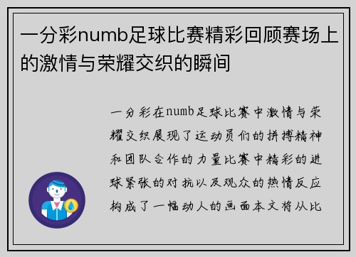 一分彩numb足球比赛精彩回顾赛场上的激情与荣耀交织的瞬间