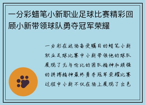 一分彩蜡笔小新职业足球比赛精彩回顾小新带领球队勇夺冠军荣耀