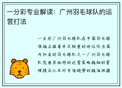 一分彩专业解读：广州羽毛球队的运营打法
