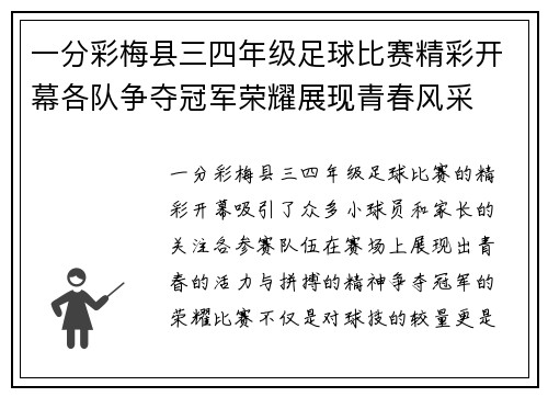 一分彩梅县三四年级足球比赛精彩开幕各队争夺冠军荣耀展现青春风采